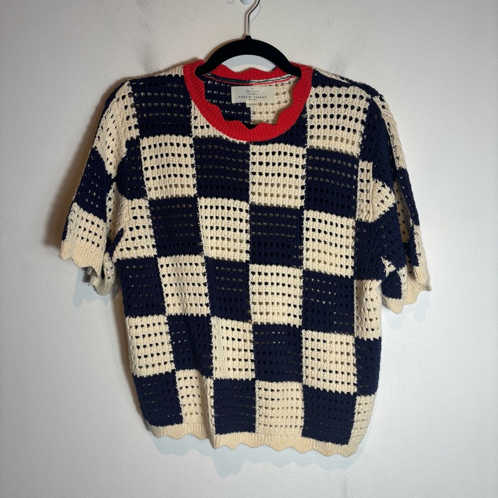 Trovata Birds Of Paradise Jules Sweater T Shirt Womens Small Crochet Check Navy - Picture 2 of 7